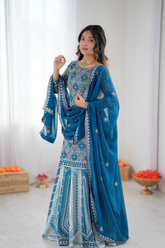 Teal Blue Faux Georgette Embroidered Sharara Set with Dupatta