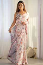 Blush Pink Floral Print Heavy Chinnon Saree with Mirror Lace Border