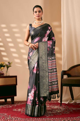 Soft Lichi Silk Saree with Digital Cherry Blossom Print & Golden Zari Border