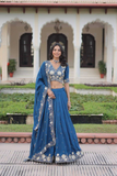 Teal Blue Vichitra Silk Lehenga Choli Set with Heavy Sequins & Thread Embroidery