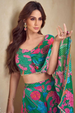 Green Chinon Silk Digital Print Palazzo Set with Shrug
