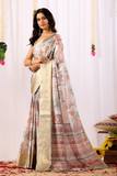 Silver Mughal Soft Lichi Silk Ethnic Print Saree