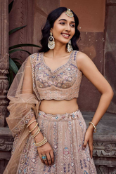 Adorned Biege Net Sequins & Thread Embroidered Bridal Lehenga Set