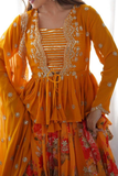 Yellow Digital Print Faux Georgette Lehenga with Sequins Work, Koti & Dupatta Set