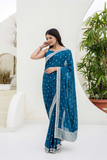 Teal Blue Chinon Saree with Zari, Dori & Sequins Embroidery