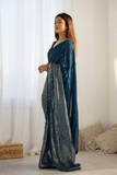Navy Blue Heavy Chinnon Saree with Mirror Lace and Print Detailing