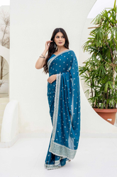 Teal Blue Chinon Saree with Zari, Dori & Sequins Embroidery