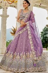 Purple Sky Bloom Satin Silk Lehenga Choli Set