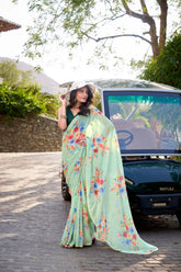 Pistachio Floral Print Saree