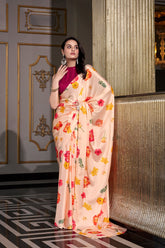 Cream Satin Glow Printed Silk Saree
