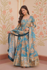 Blue Russian Silk Gown-Dupatta Set