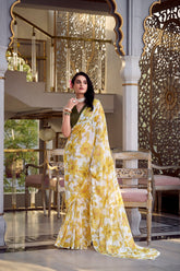 Floral Print With Pearl Lace Border- Yellow