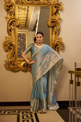 Sky Blue Tissue Shimmer Saree with Zari and Sequin Lace