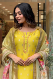 Yellow Viscose Organza Embroidered Kurti Set with Jacquard Dupatta