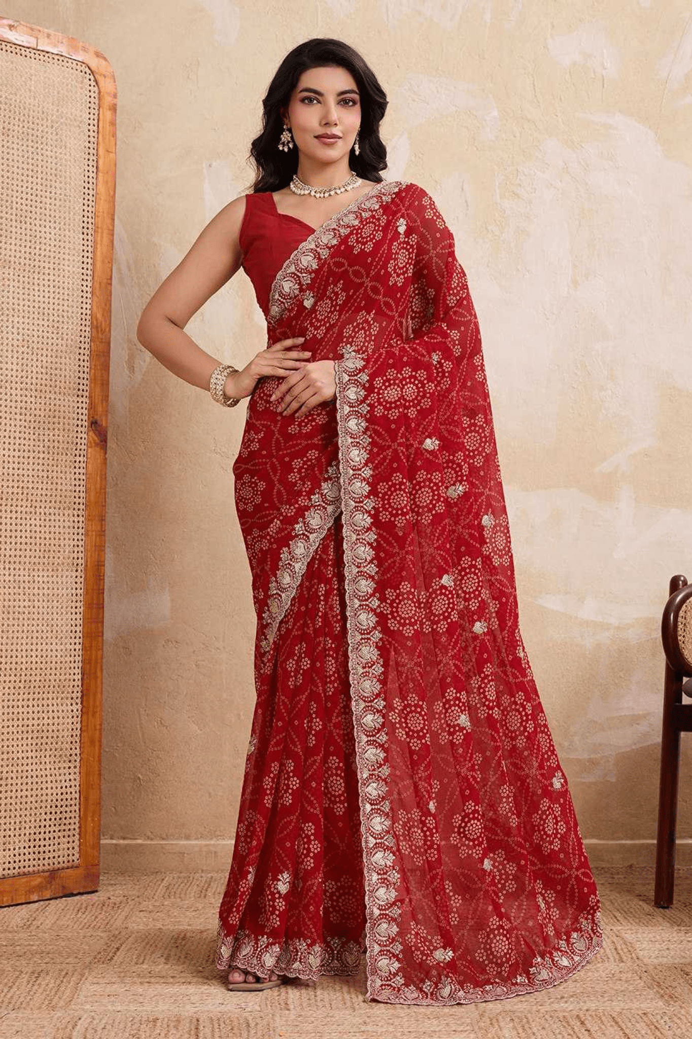 Royal Bandhej Soft Georgette Wedding Saree with Heavy Cutwork Border - kavyo.in