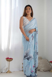 Soothing Sky Blue Heavy Chinnon Saree with Mirror Lace Border