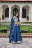 Teal Blue Vichitra Silk Lehenga Choli Set with Heavy Sequins & Thread Embroidery