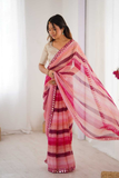 Pink Heavy Smooth Marble Chiffon Leriya Print Saree with Zari Work & Mirror Border