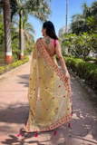 Elegant Golden Twill Net Saree with Embellished Diamond Work & Tassel Border
