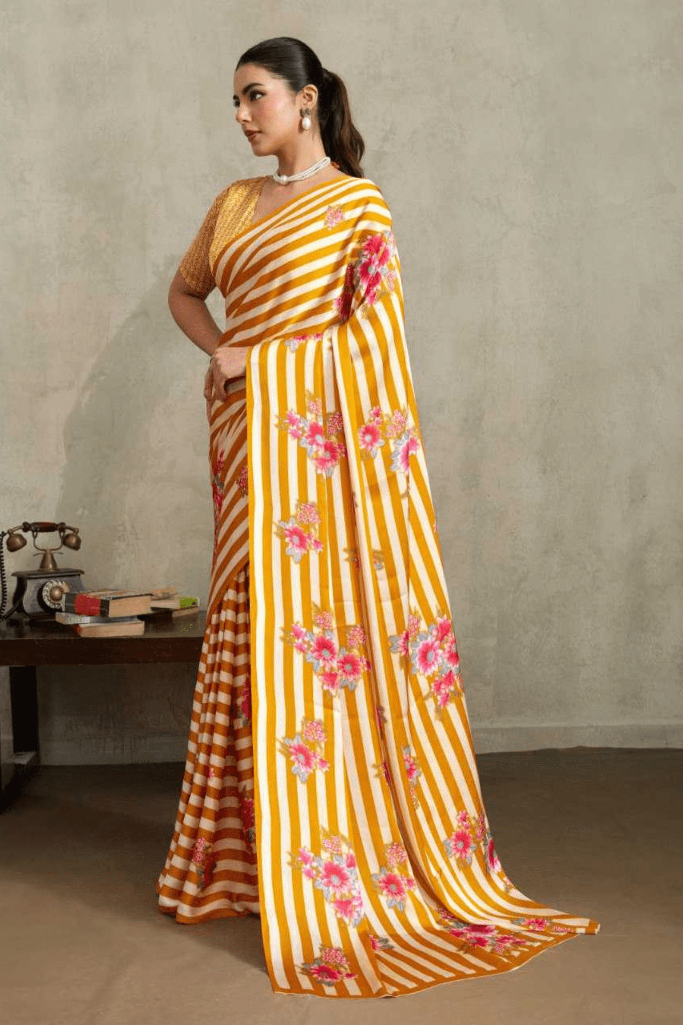Modern Monochrome Ajrakh Modal Satin Saree - kavyo.in