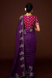 Purple Viscose Chinnon Saree with Heavy Embroidery & Contrast Blouse