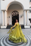 Designer Olive Green Butterfly Net Lehenga with Kediya Style Shrug