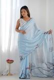 Soothing Sky Blue Heavy Chinnon Saree with Mirror Lace Border