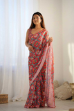 Red Kutchi Print Heavy Chinnon Saree with Mirror Lace Border