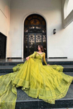 Designer Olive Green Butterfly Net Lehenga with Kediya Style Shrug