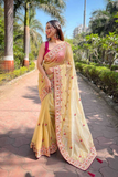 Elegant Golden Twill Net Saree with Embellished Diamond Work & Tassel Border