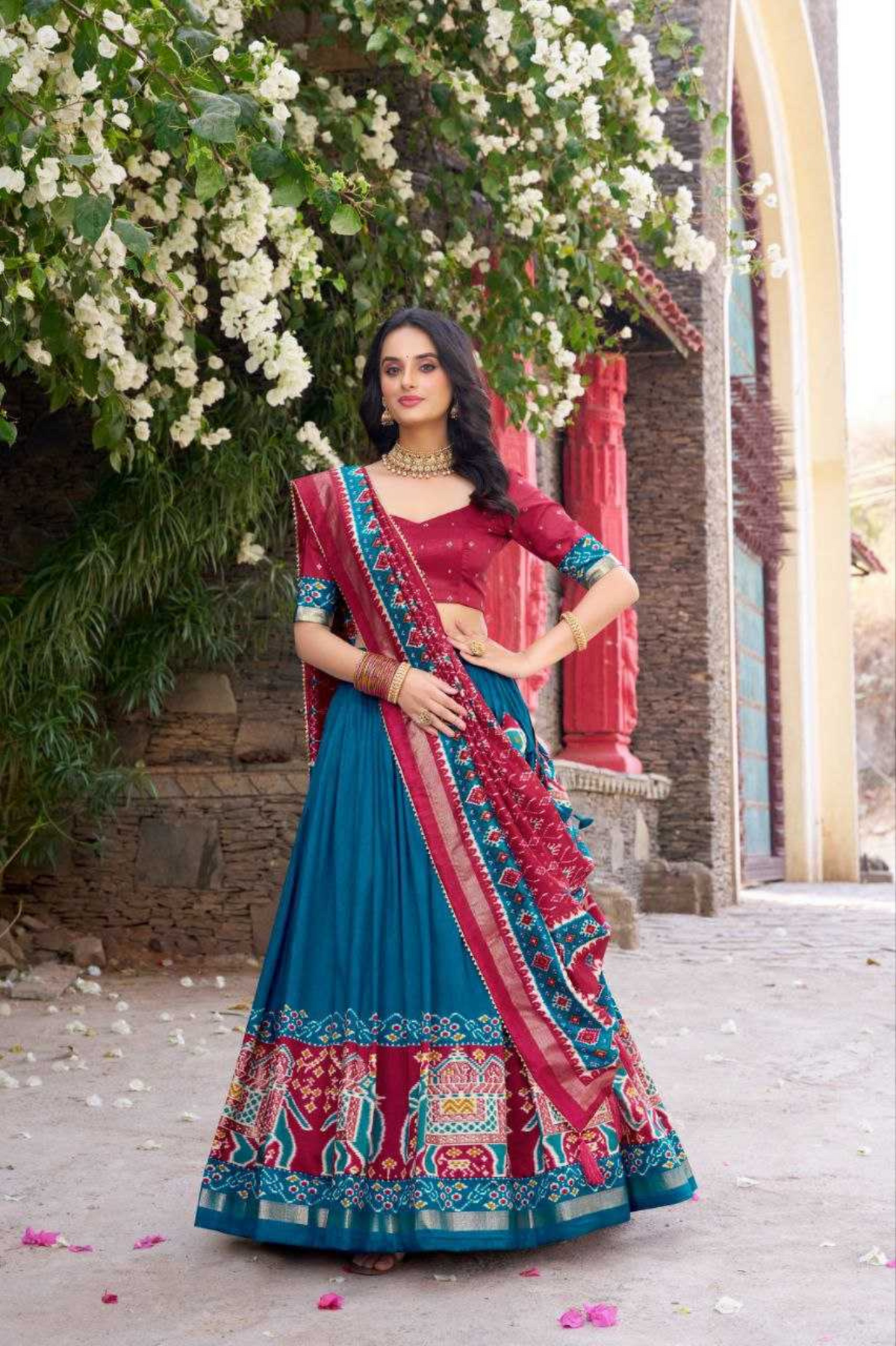 Blue Chill Tussar Silk Lehenga Choli with Kashmiri & Foil Print