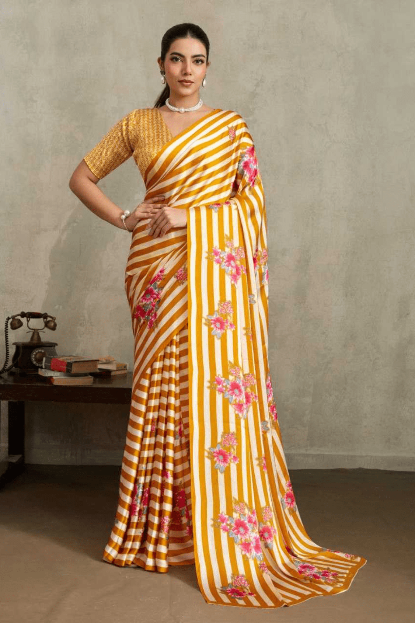 Modern Monochrome Ajrakh Modal Satin Saree - kavyo.in
