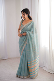 Pure Spun Cotton Firozi Saree with Real Mirror Work & Jari Embroidery