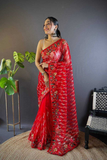 Red Heavy Butterfly Net Saree with Multicolor Embroidery & Foil Thread Work