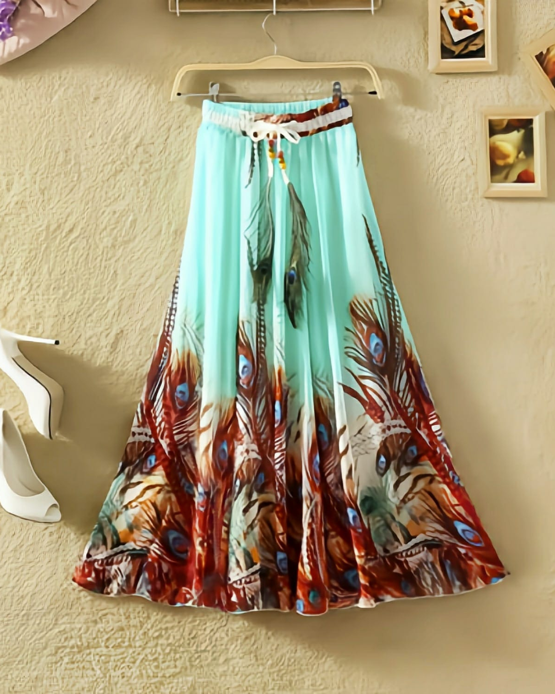 Royal Peacock Feather Silk Skirt