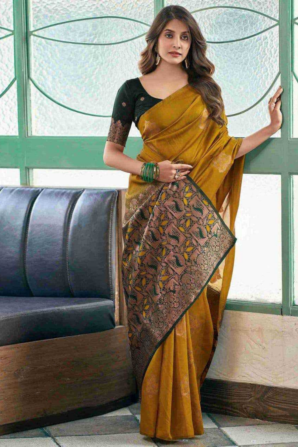 Mustard Yellow Lichi Silk Saree with Rich Pallu & Jacquard Weave