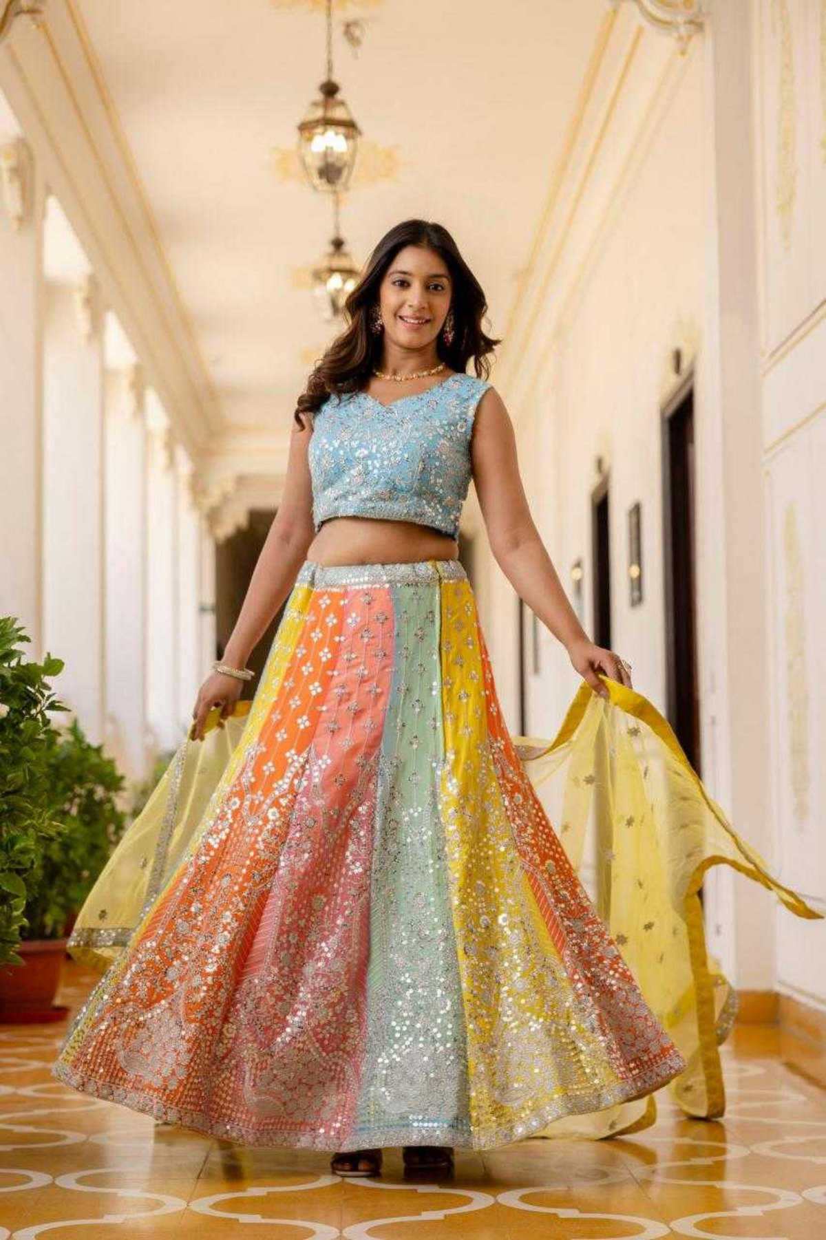 Multi-Color Sequins Embroidered Net Lehenga Set