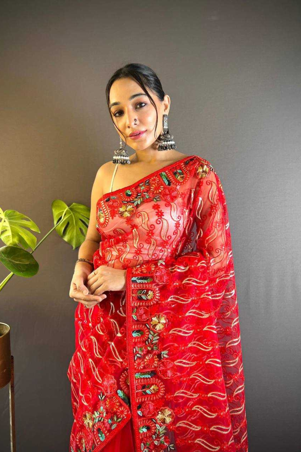 Red Heavy Butterfly Net Saree with Multicolor Embroidery & Foil Thread Work