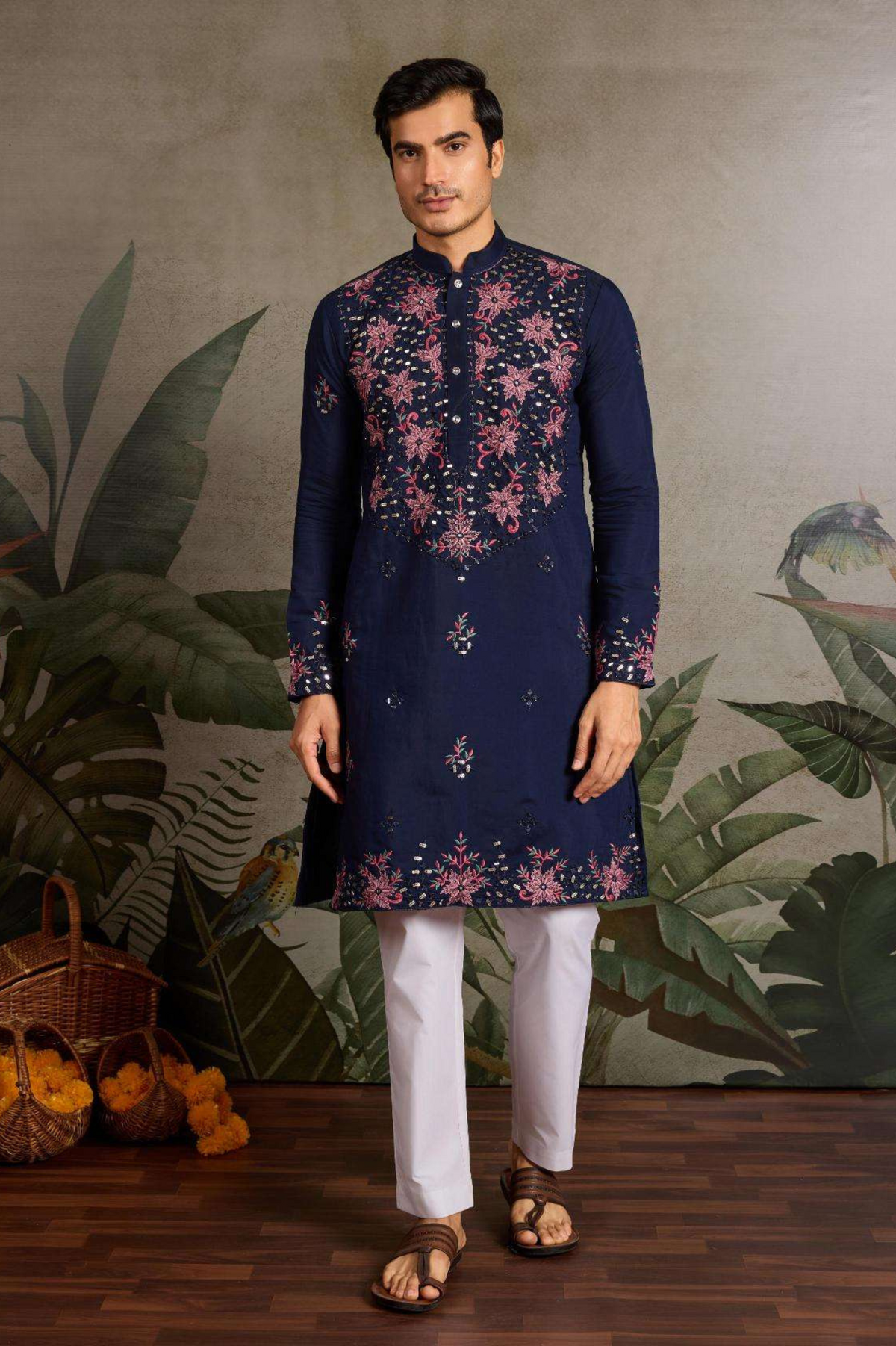 Navy Blue Embroidered Kurta Set with White Pant