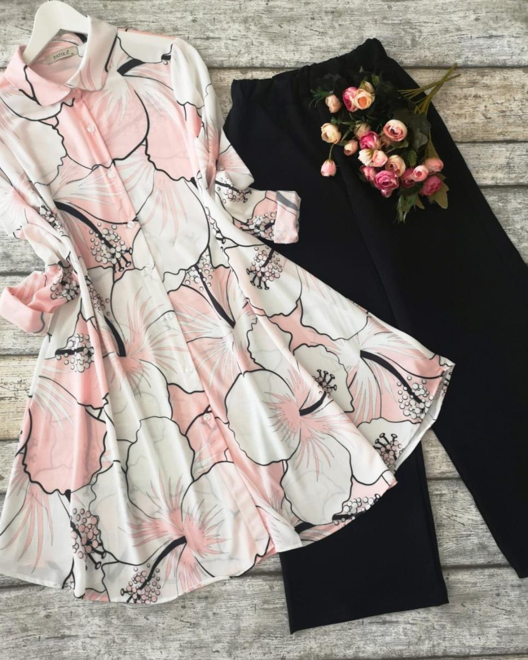 Soft Pink Floral Kurti with Black Palazzo Set