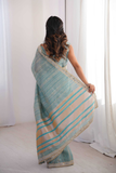 Pure Spun Cotton Firozi Saree with Real Mirror Work & Jari Embroidery