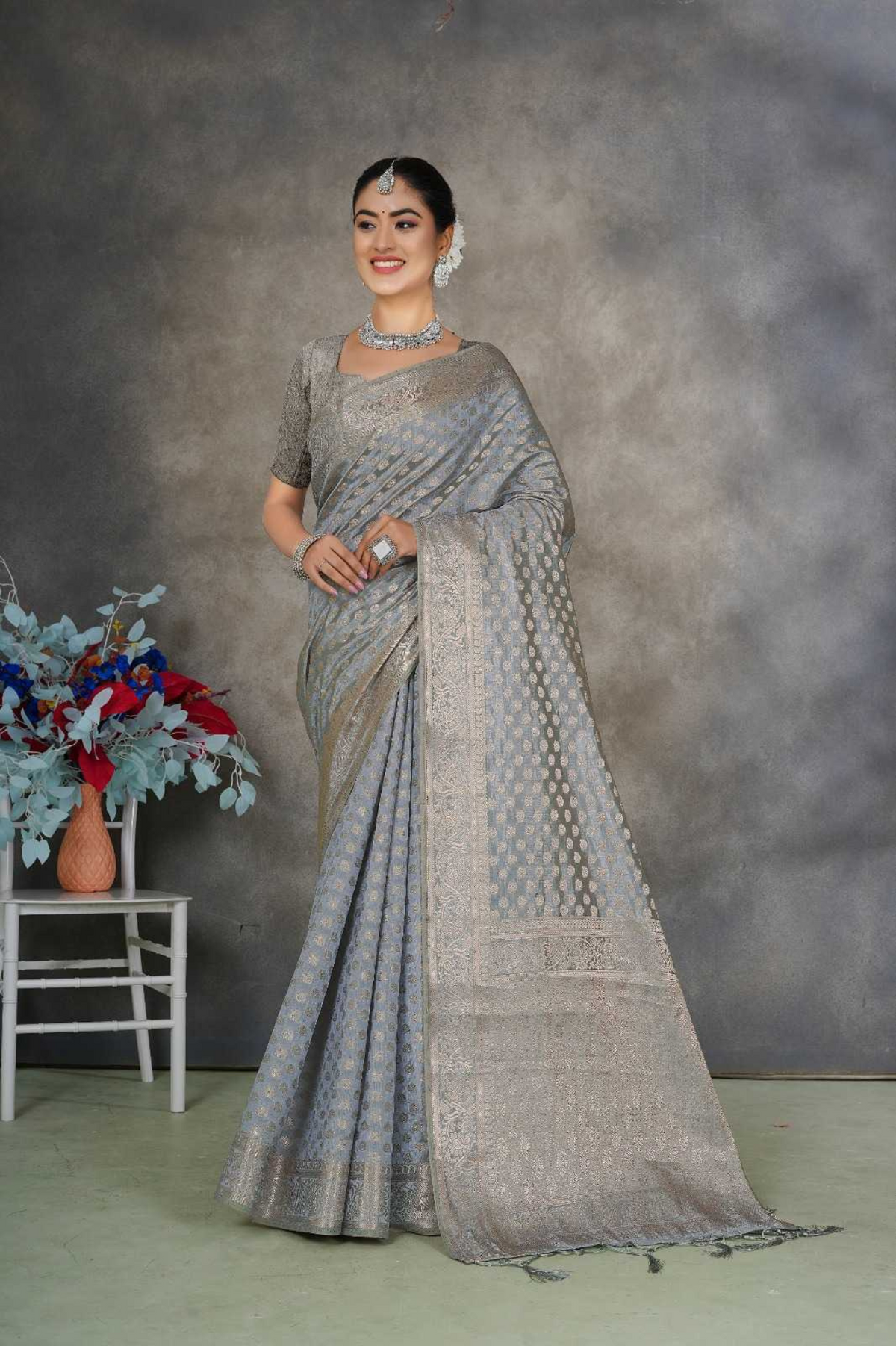 Elegant Gray Soft Tusser Silk Saree with Jacquard Blouse