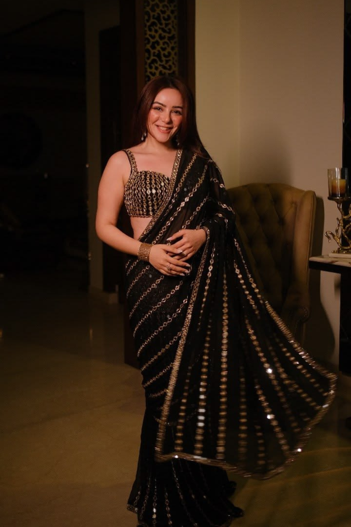 Tara Midnight Black Faux Georgette Real Mirror Work Saree