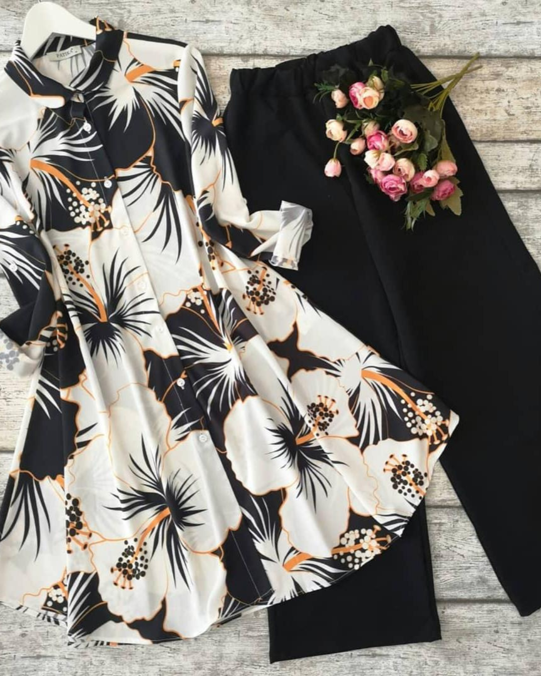 Black & White Floral Kurti with Black Palazzo Set