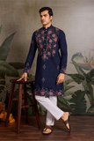 Navy Blue Embroidered Kurta Set with White Pant