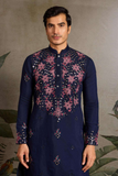 Navy Blue Embroidered Kurta Set with White Pant
