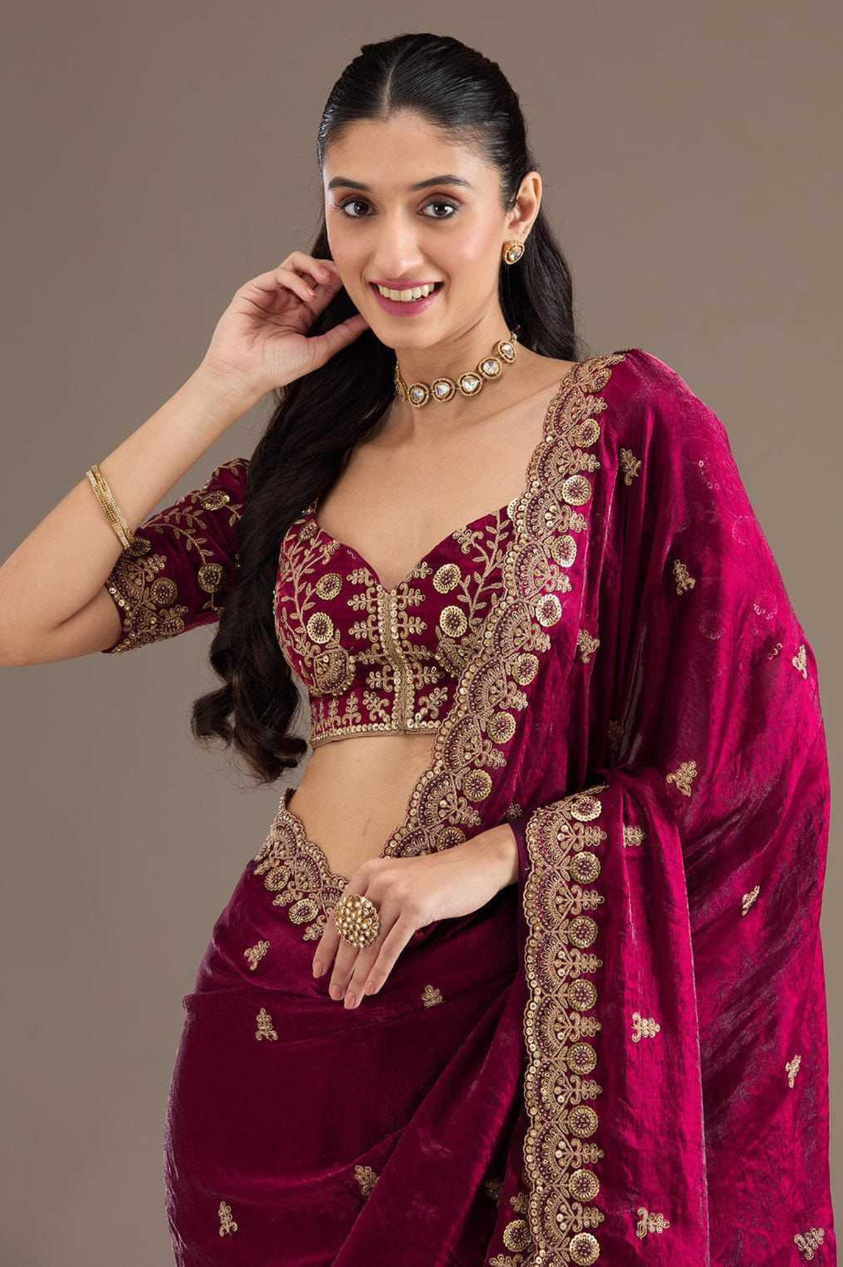 Rani Fandy Chiffon Saree with Heavy Embroidery and Sequin Work