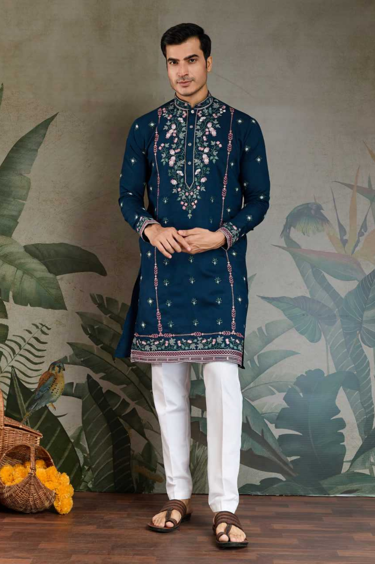 Navy Viscose Silk Embroidered Kurta Set