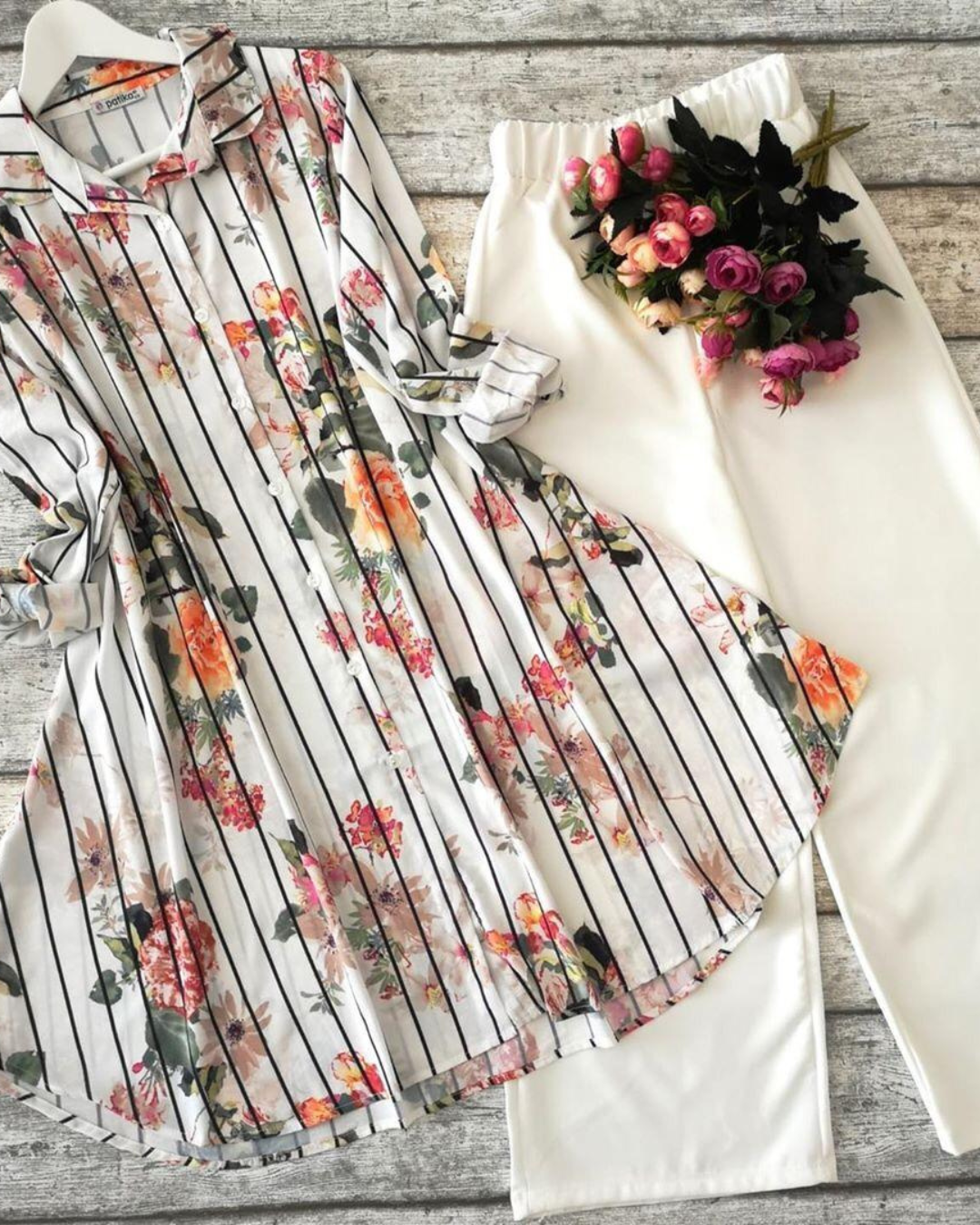 Striped Floral Kurti with White Palazzo Set