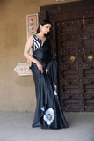 Black Floral Digital Print Japan Satin Saree with Matching Blouse